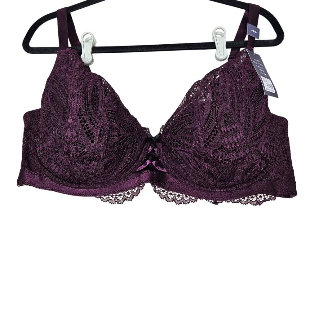 NEW Cacique 44DD Lightly Lined French Balconette Dark Purple Lace Bra Lingerie